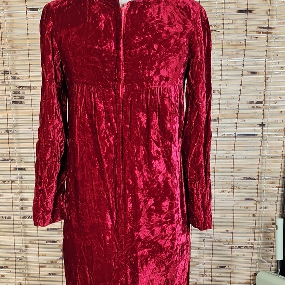 Vintage Red Crushed Velvet Long Sleeve Beaded Dress - Picture 5 of 8